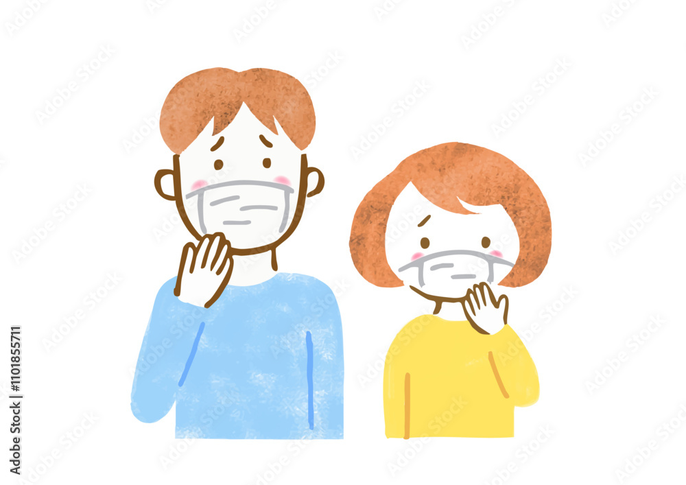 体調不良でマスクをしている男女の上半身手描きイラスト