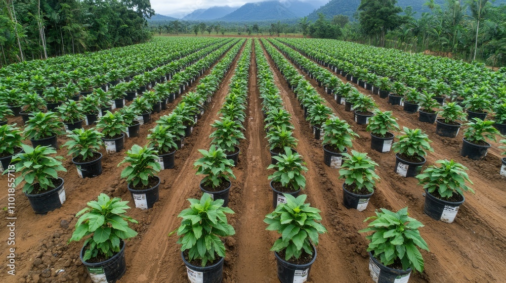 A lush field of potted plants arranged in neat rows, surrounded by mountains and greenery, showcasing a thriving agricultural environment. A lush field of potted plants arranged in neat rows, surrounded by mountains and greenery, showcasing a thriving agricultural environment.