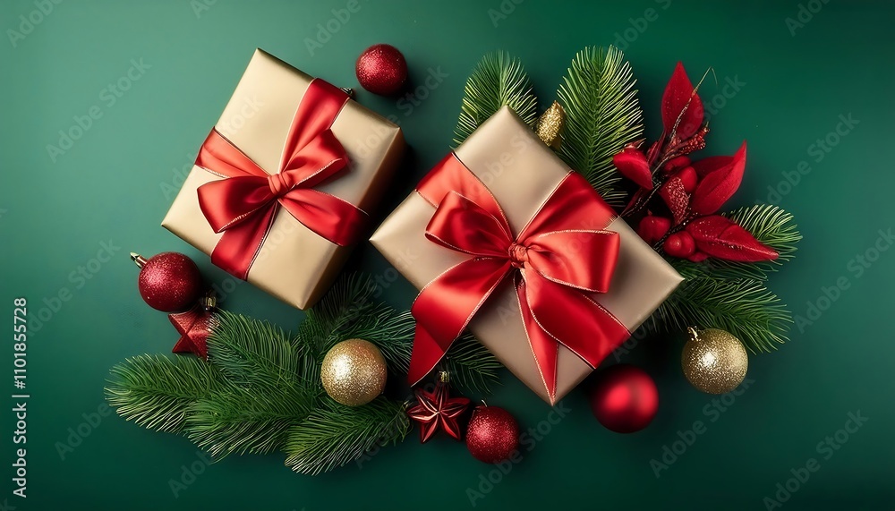  Beautiful Christmas gifts with red bows are surrounded by festive decorations on a gree_1(821)