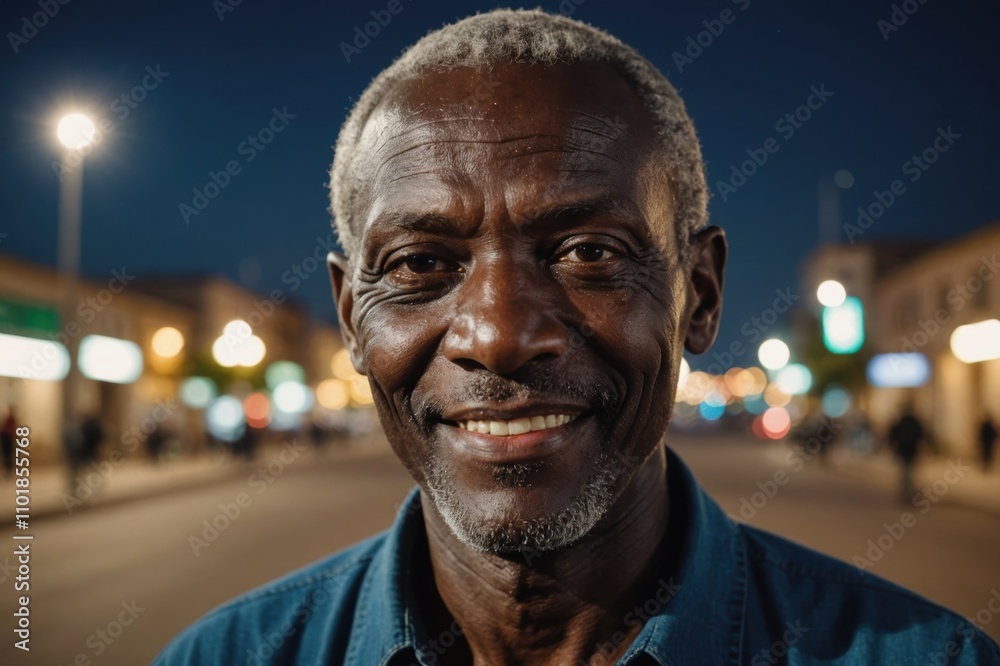 Close portrait of a smiling senior Senegalese man looking at the camera, Senegalese city outdoors at night blurred background Close portrait of a smiling senior Senegalese man looking at the camera, Senegalese city outdoors at night blurred background