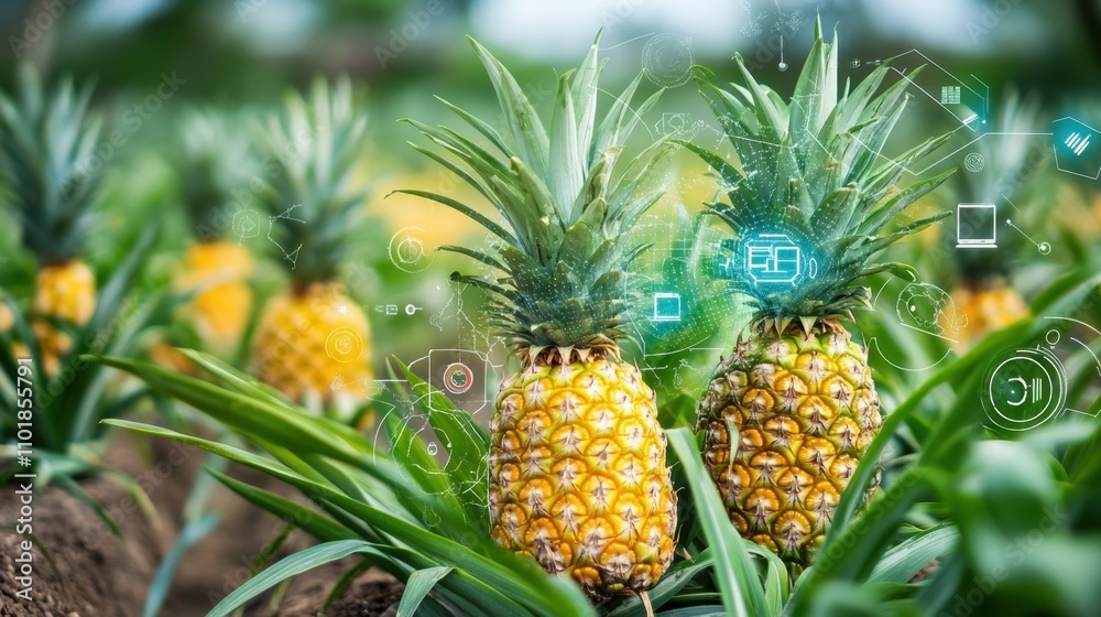 A field of pineapple plants features a digital overlay of IoT monitoring, symbolizing precision agriculture and innovative farming practices A field of pineapple plants features a digital overlay of IoT monitoring, symbolizing precision agriculture and innovative farming practices