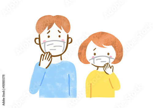 体調不良でマスクをしている男女の上半身手描きイラスト