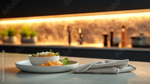 Modern Kitchen Setting Featuring Delicious Pasta Dish with Vegetables and Fresh Ingredients Artfully Placed on Elegant Table Setting for Culinary Photography photo