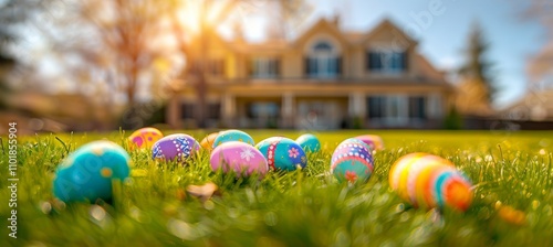 A cheerful family backyard ready for an easter egg hunt with colorful decorations and baskets