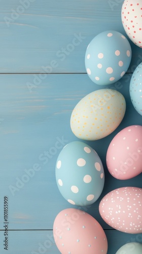 Decoratively colored Easter eggs arranged on a light blue wooden surface in s...