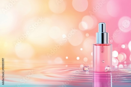 Elegant beauty product displayed in soft warm colors with gentle water reflec...