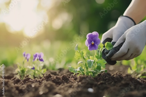 Gardening at sunset with vibrant purple flowers in a serene outdoor setting