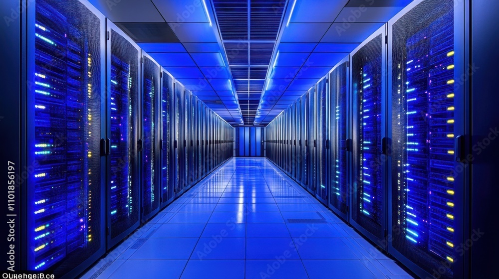 A futuristic data center with glowing servers in vibrant blue and yellow tones, symbolizing efficiency and innovation A futuristic data center with glowing servers in vibrant blue and yellow tones, symbolizing efficiency and innovation