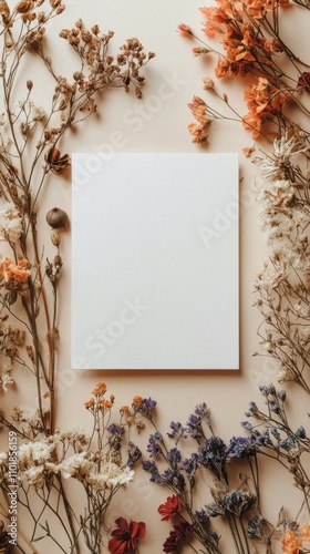 Blank canvas surrounded by dried flowers on a soft neutral background