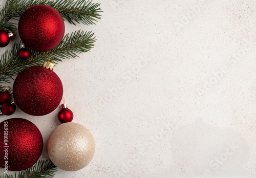 Festive holiday decorations with red and gold ornaments and evergreen branches