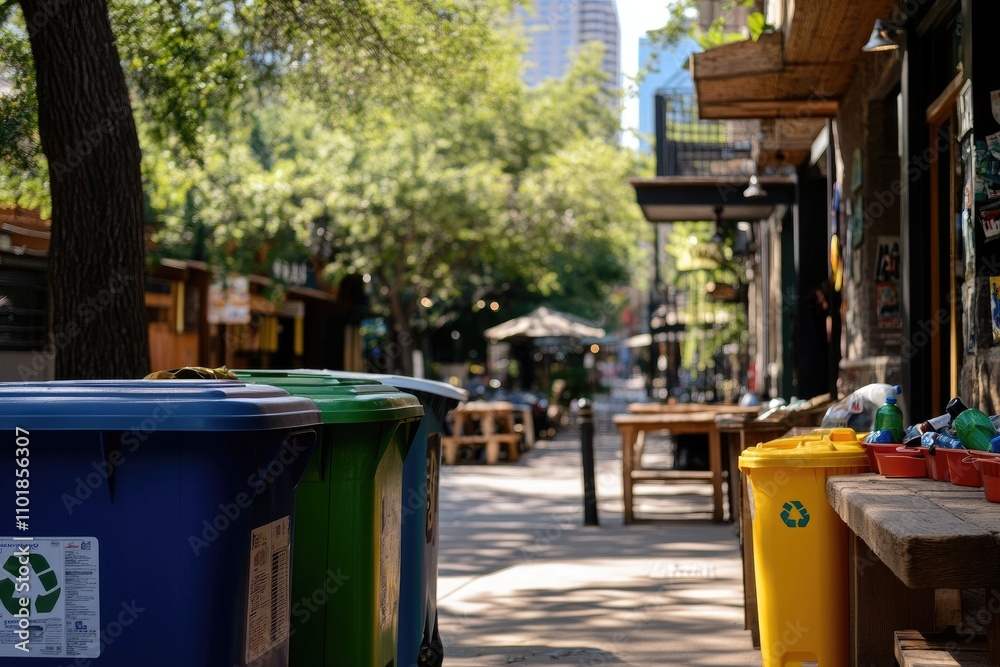 Colorful Recycling Bins Line City Streetside Pathway Colorful Recycling Bins Line City Streetside Pathway