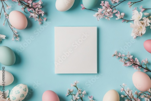 Spring celebration with decorated eggs and blossoms on light blue background photo