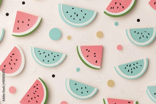 Colorful paper decorations featuring watermelon shapes in a playful arrangeme...
