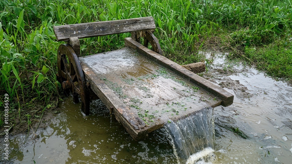 A rustic wooden waterwheel structure sits in a muddy area, with water flowing over it amidst lush green grass. A rustic wooden waterwheel structure sits in a muddy area, with water flowing over it amidst lush green grass.