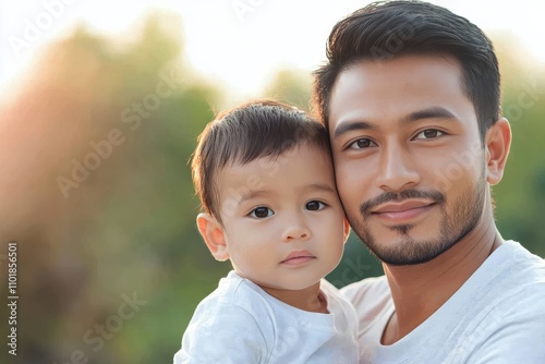 Father holds child with affection in outdoor setting during sunny day