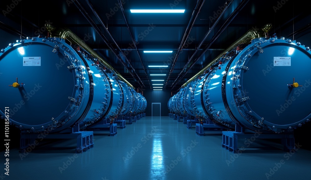 Fototapeta premium Inside view of a modern industrial boiler room with large metal tanks and pipes, depicting the heat generation industry. Stock photograph.