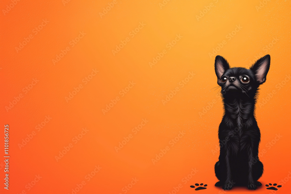 Obraz premium cute black dog sits against vibrant orange background, exuding charm and curiosity. This minimalist design highlights dog features beautifully