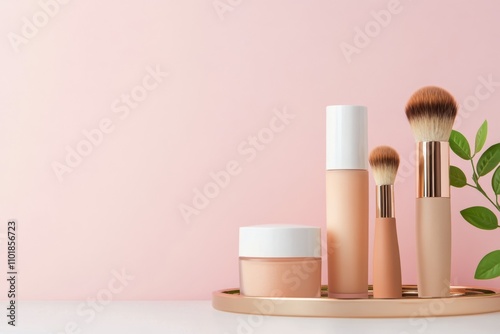 Essential makeup tools and products displayed on a tray against a soft pink b...