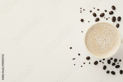 Enjoying a warm cup of coffee with roasted beans scattered on the table