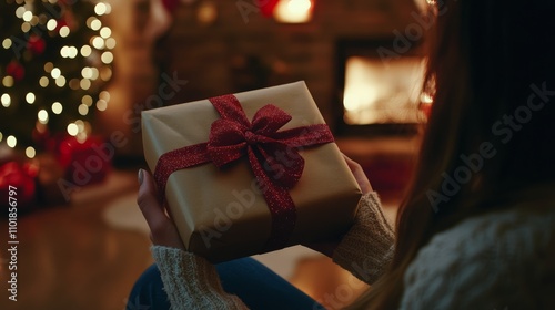Holiday gift being held by a person near a beautifully decorated Christmas tree