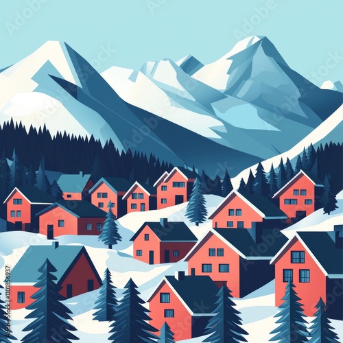 Illustration of a winter landscape with mountains and a ski village against a white backdrop. Image for background, card or cover.