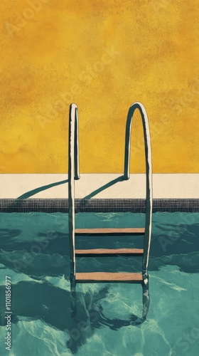 Calm blue swimming pool with steps under a clear sky at sunny midday