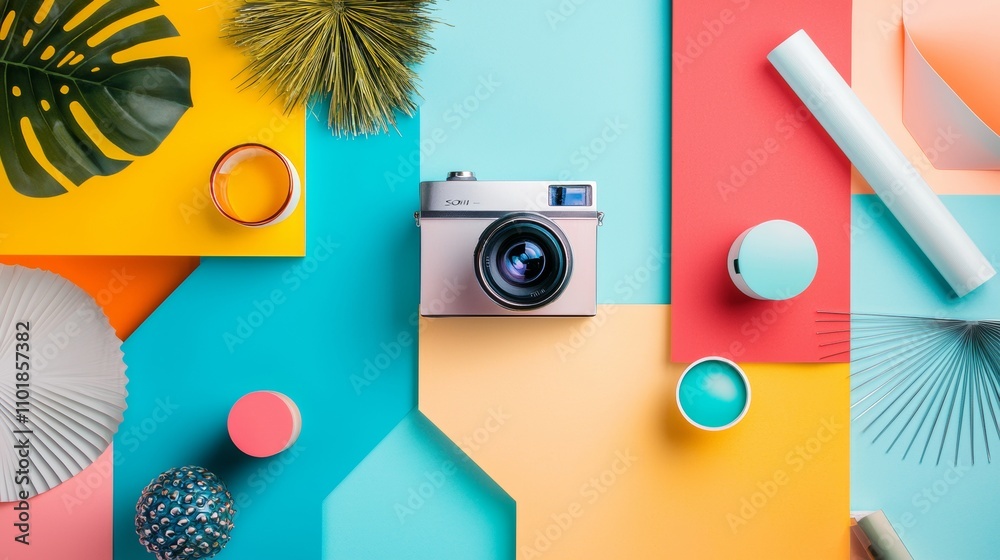 Colorful flatlay with retro camera and design elements Colorful flatlay with retro camera and design elements