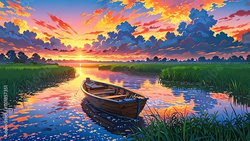 Anime illustration of a tranquil river at sunset, featuring a boat surrounded by lush greenery—ideal for use as a serene background