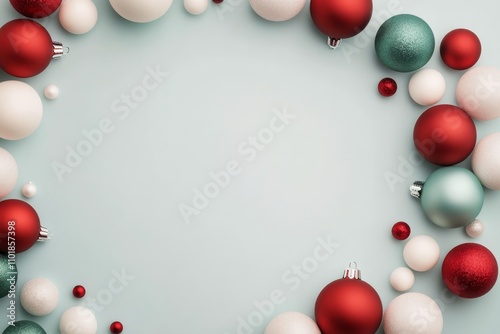 Decorative arrangement of Christmas ornaments and greenery on a light background