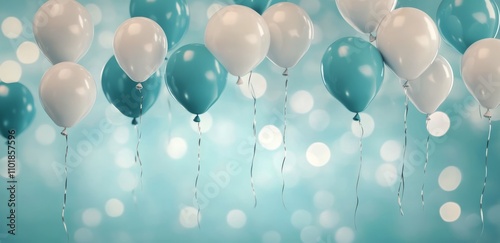 Colorful balloons floating above a blurred turquoise background during an eve...
