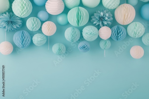 Decorative paper lanterns hang on a blue background for a festive atmosphere ...