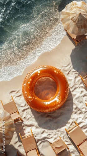 Relaxing day at the beach with sun loungers and an orange float on the sand