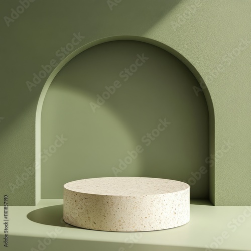 Minimalist design showcasing round platform in softly lit green space