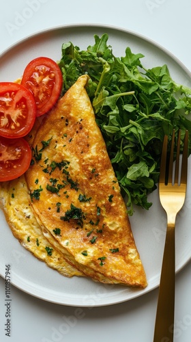 Delicious omelet with fresh tomatoes and arugula served on a white plate