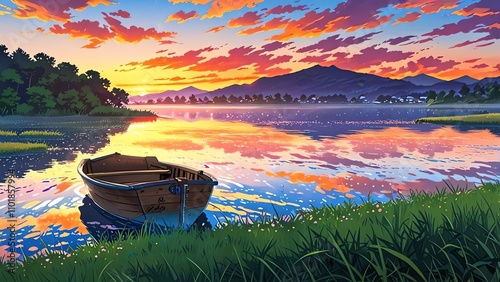 Anime illustration of a serene landscape that can be used as a visually captivating background