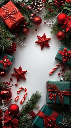 Holiday decorations with wreaths, gifts, and candy canes arranged for a festi...