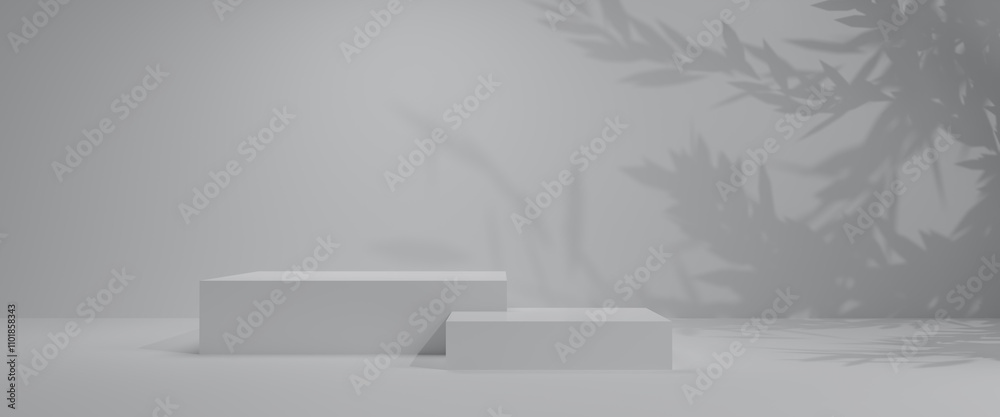 Minimal abstract luxury white podiums block for product presentation with empty stage, Sunshade shadow on beige and shadows of tree leaves, Pedestal for cosmetic product, 3d render illustration. Minimal abstract luxury white podiums block for product presentation with empty stage, Sunshade shadow on beige and shadows of tree leaves, Pedestal for cosmetic product, 3d render illustration.