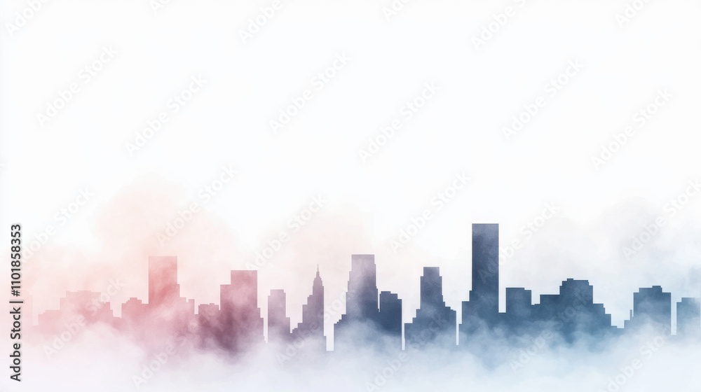 Abstract cityscape background with watercolor fog, sky, and skyscrapers creates serene urban atmosphere. soft colors blend beautifully, evoking sense of calm