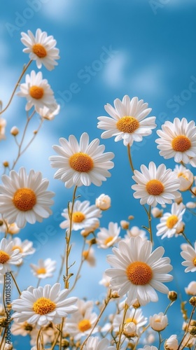 Fields of daisies blooming under a clear blue sky in springtime sunlight
