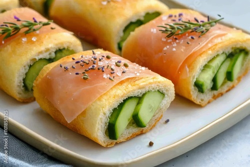 Delicious cucumber rolls with creamy filling and prosciutto on a white plate
