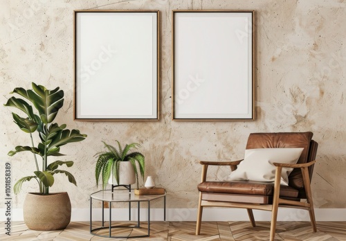 A leather armchair with a throw pillow. a coffee table. and two empty frames against a textured wall