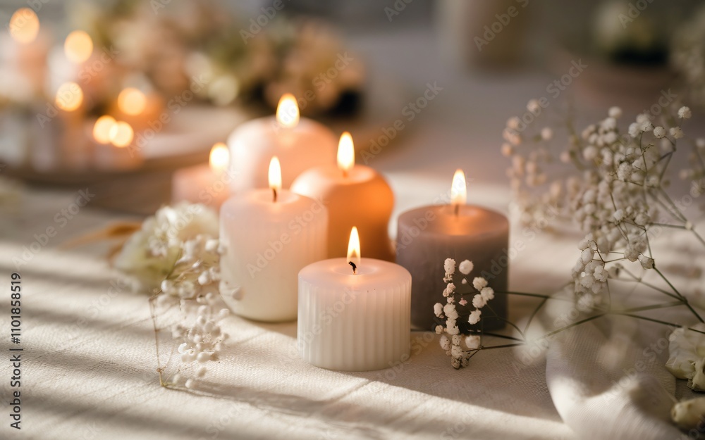 A serene arrangement of lit candles in soft, neutral tones A serene arrangement of lit candles in soft, neutral tones