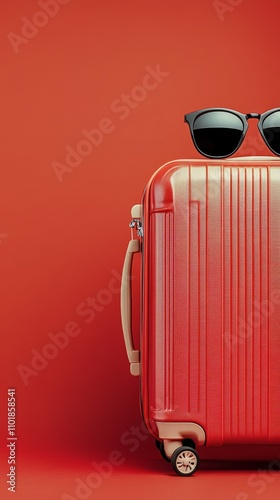 Travel essentials displayed with a red suitcase and stylish sunglasses for su...