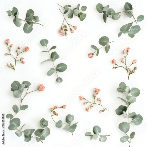 Botanical arrangement featuring pink roses and eucalyptus on a clean white ba...