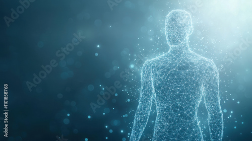 low poly wireframe design of human body with blue background creates futuristic and abstract representation. glowing lines and particles evoke sense of technology and innovation