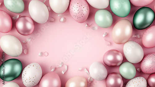 Wallpaper Mural Easter eggs and spring flowers on pink background with copy space Torontodigital.ca