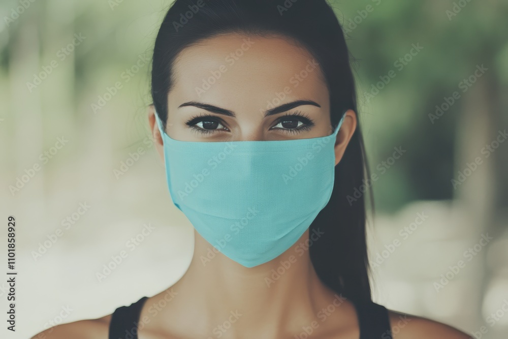 Woman wearing a blue face mask while standing outdoors in natural light during daytime Woman wearing a blue face mask while standing outdoors in natural light during daytime