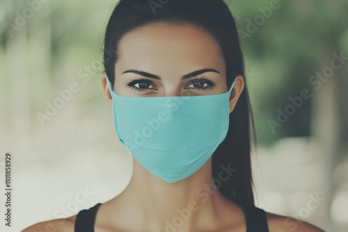 Woman wearing a blue face mask while standing outdoors in natural light durin...