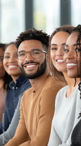 Group of friends sharing smiles in a bright indoor space during a social gath...