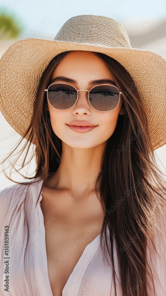 Fototapeta premium Woman wearing sunglasses and straw hat enjoying ocean view on a sunny day